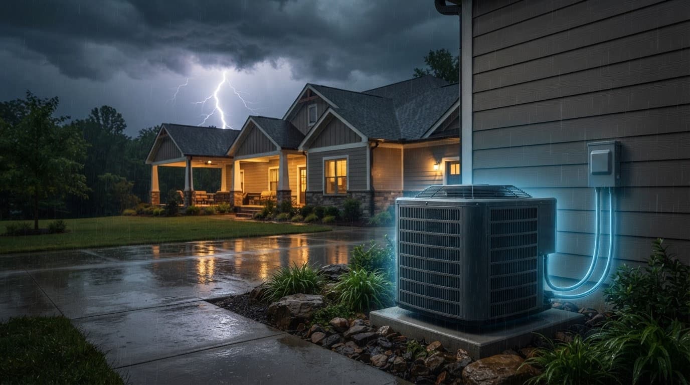 An HVAC condenser beside a home during a rainy thunderstorm with a soft protective glow.