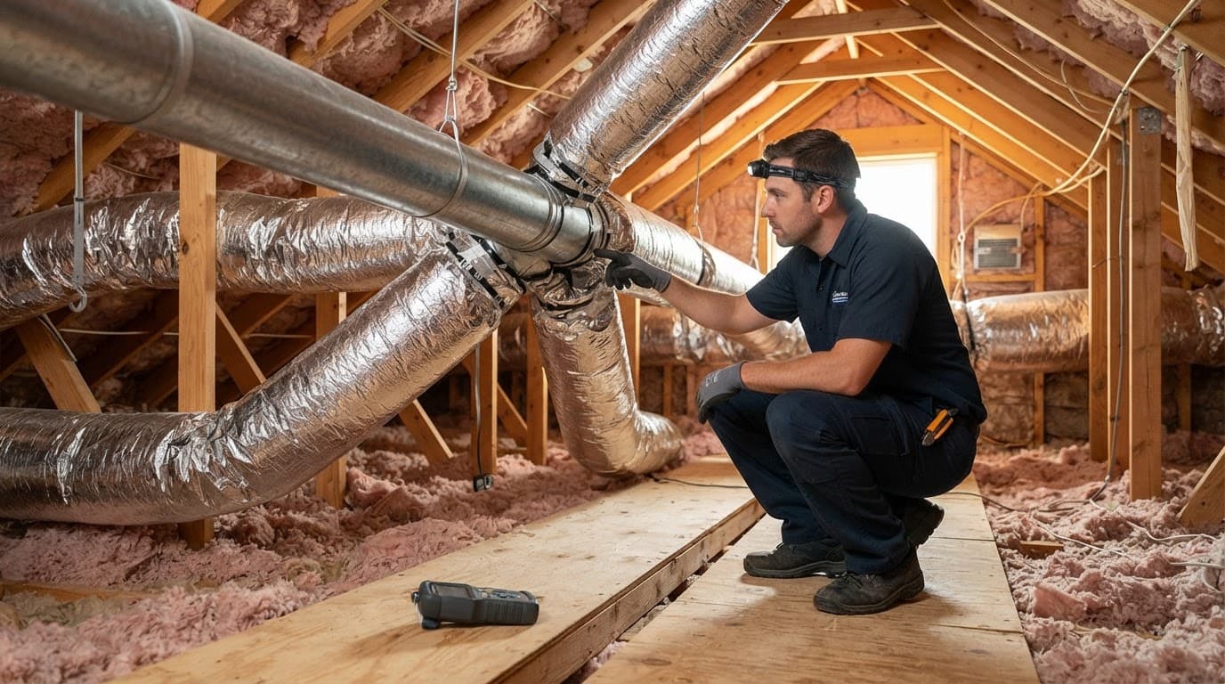 An HVAC technician inspects ductwork and connections in a clean attic.