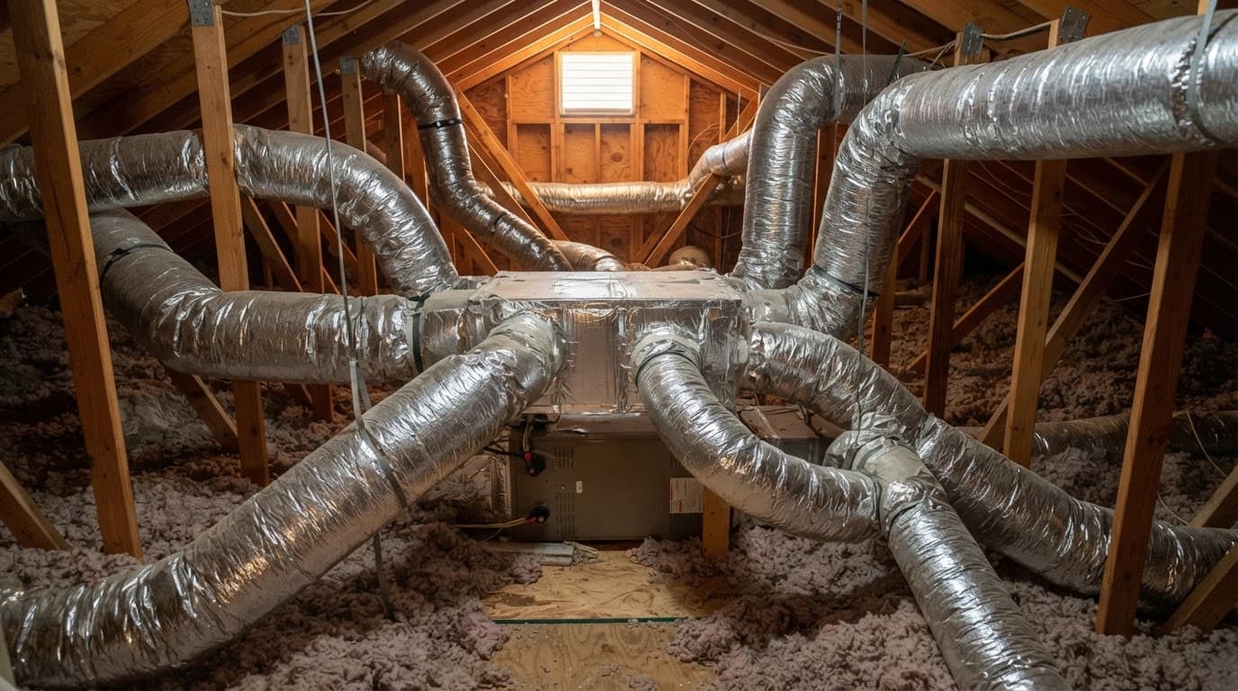 Silver HVAC ducts connect to a central plenum box in a warmly lit attic.