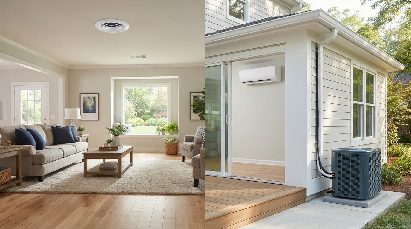 A home interior compares central AC ceiling vents with a ductless mini-split near a bright addition.