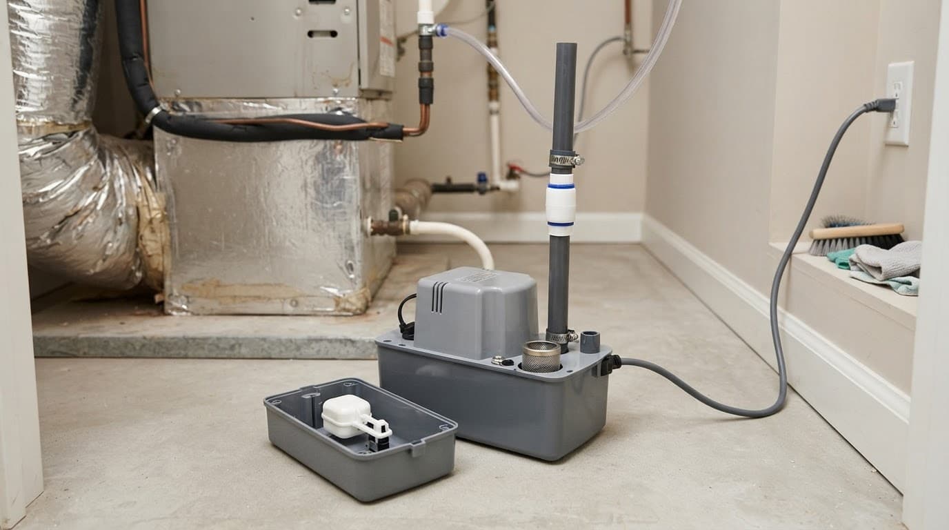 Open condensate pump beside an air handler with visible float control and discharge tube.