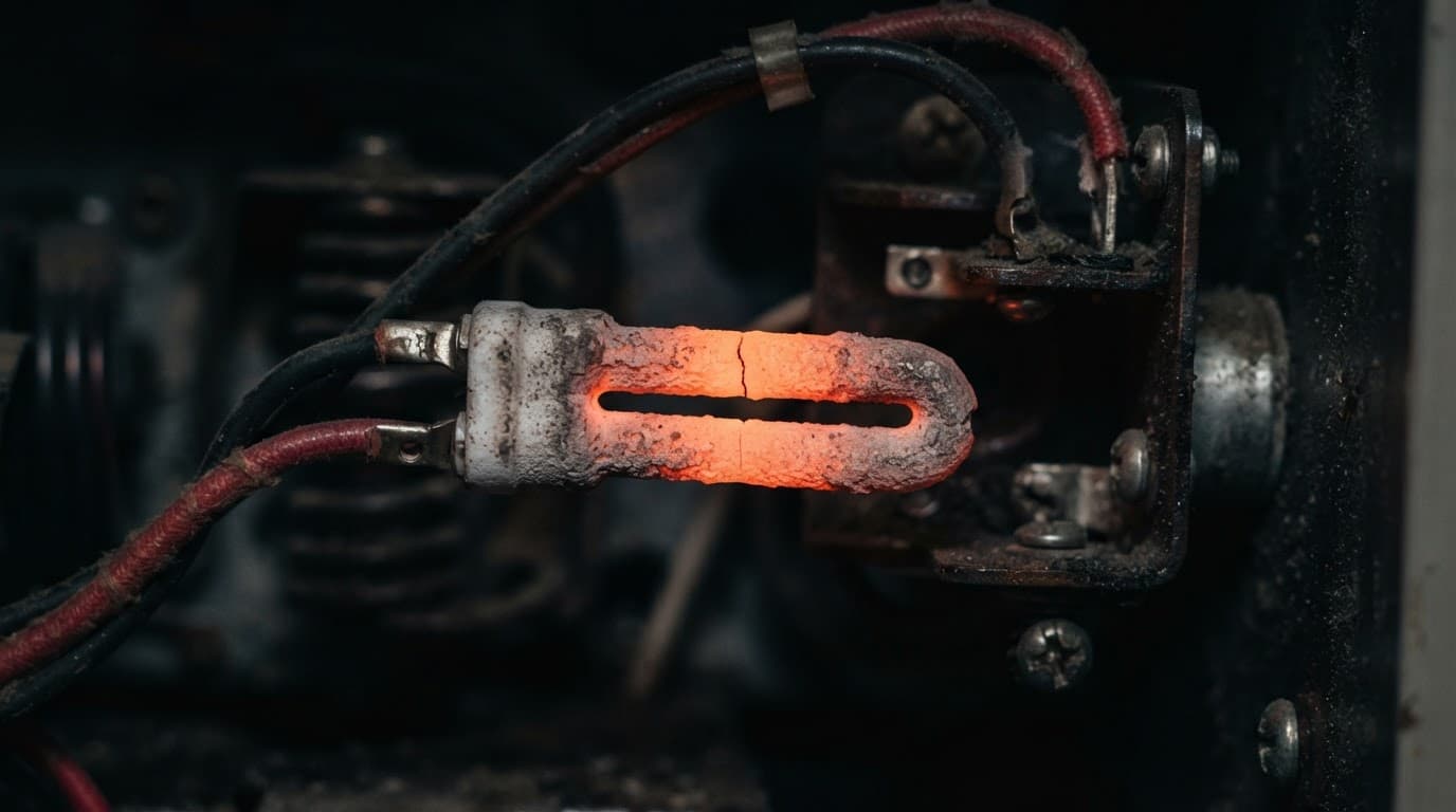 Close-up of a glowing furnace ignitor with a fine crack in its ceramic element.