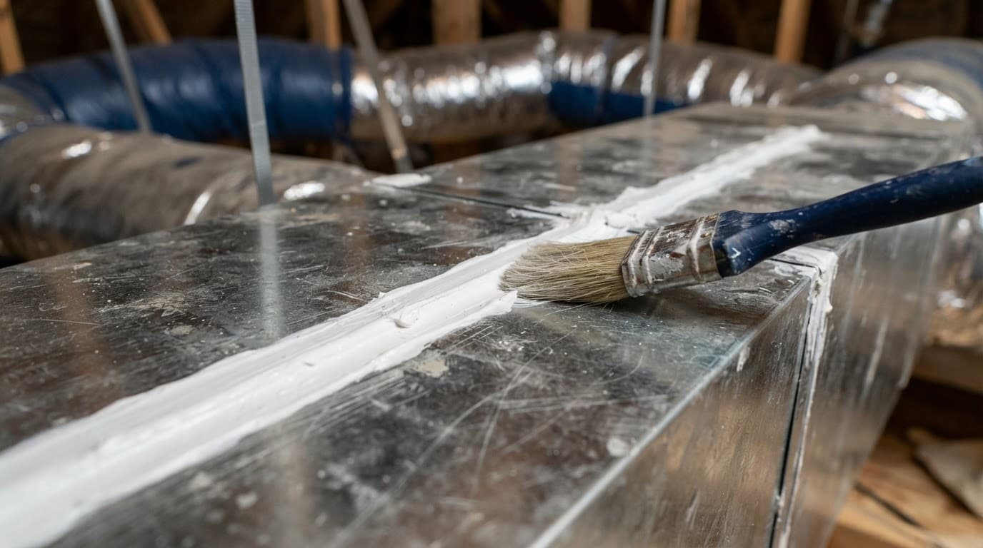 White sealant and a brush cover a metal duct seam.