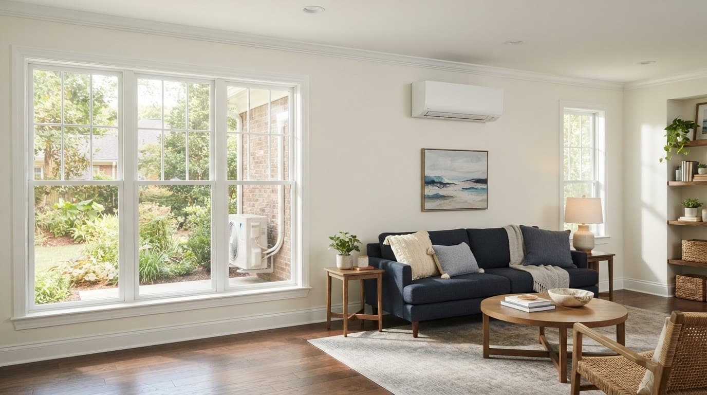 A family room with one wall-mounted mini-split and its outdoor condenser visible through a window.