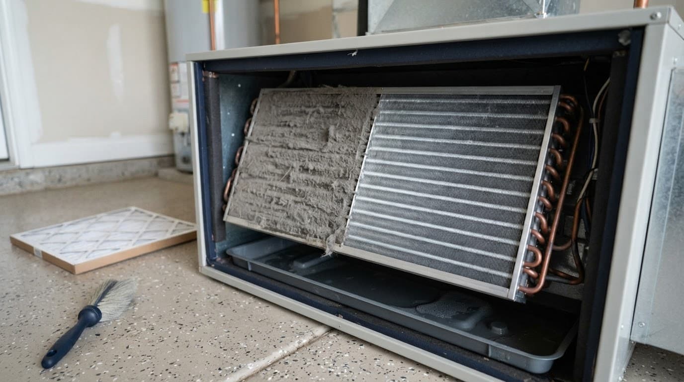 Evaporator coil with dusty fins beside a clean section in an open air handler.