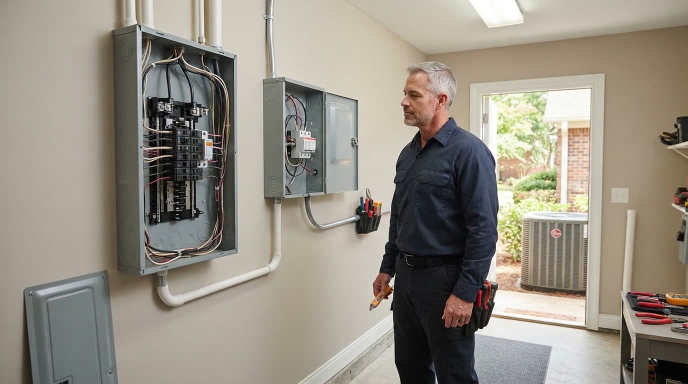 Electrician inspecting surge protection beside a home electrical panel and HVAC disconnect.