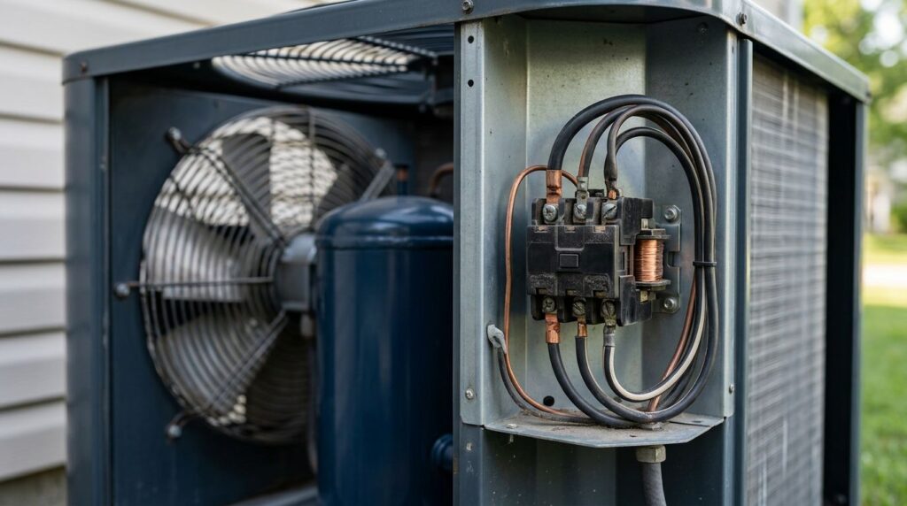 An open AC condenser shows a dusty contactor, copper wires, fan, and compressor.