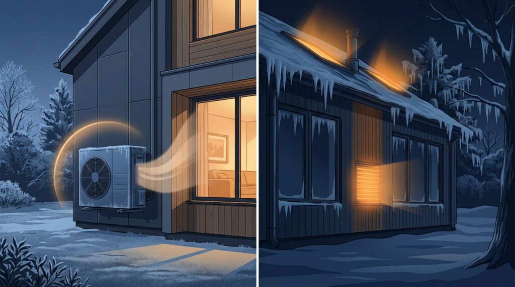 Split view of a heat pump and backup heating system warming a home in cold weather.