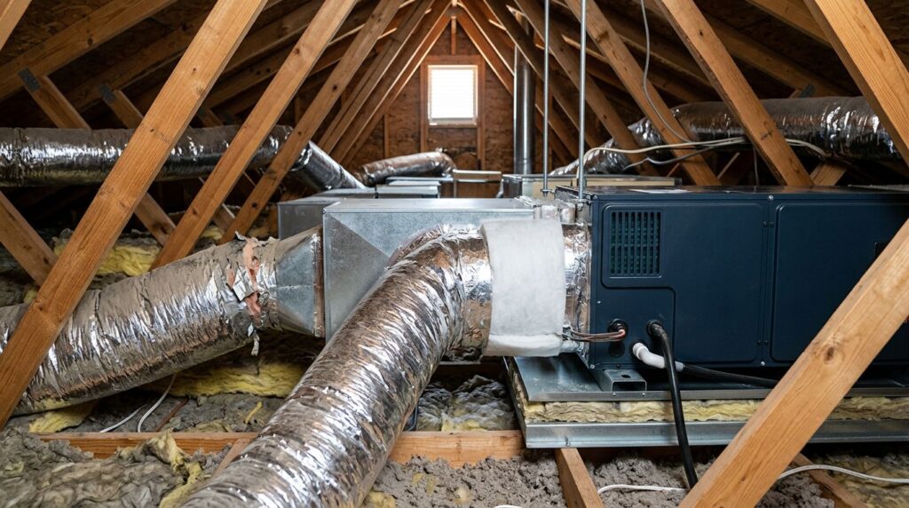 New attic AC unit connected to insulated and worn flexible ductwork.