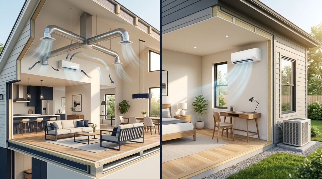 Split view of central AC ductwork and a wall-mounted mini-split in a home addition.