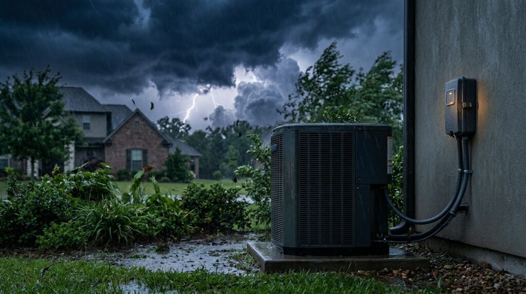 An outdoor HVAC unit with a surge protector during a rainy thunderstorm.