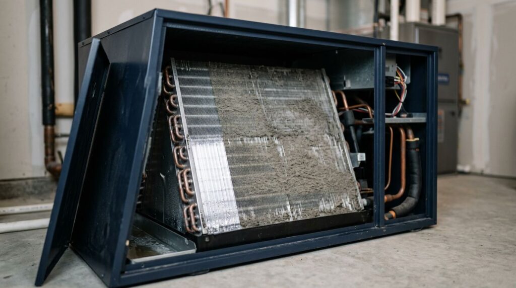 Open HVAC cabinet showing a dirty coil beside a freshly cleaned section.