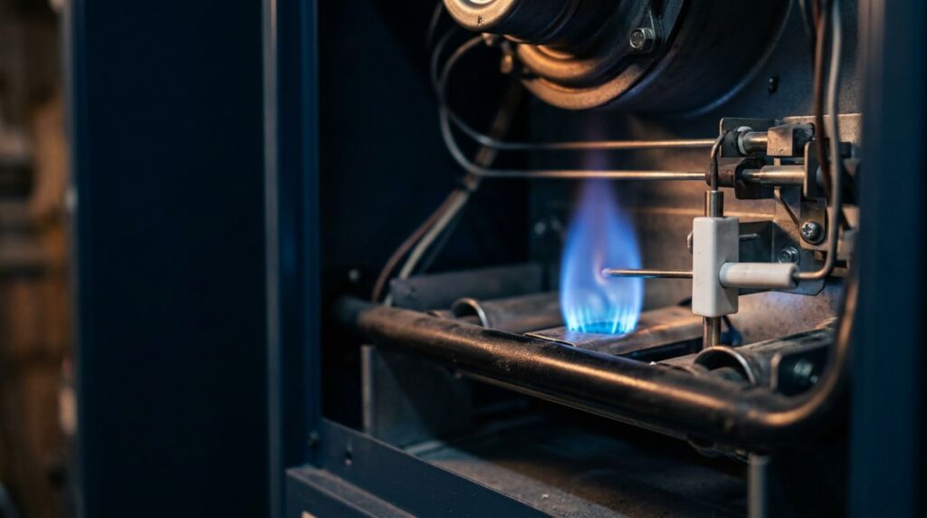 Close-up of a flame sensor beside a blue furnace burner flame.