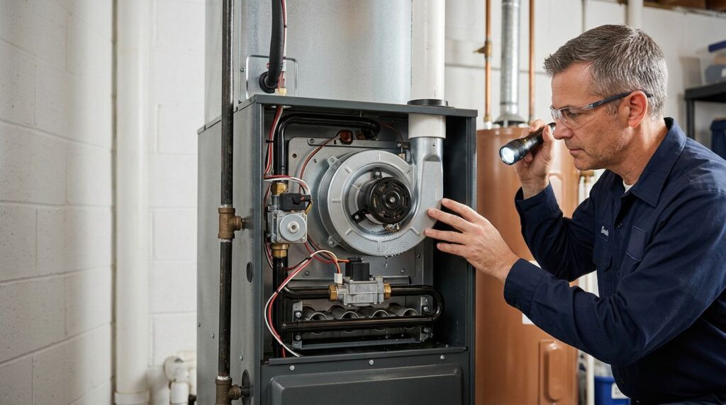 Technician inspecting a furnace inducer motor with a flashlight and visible water drip.