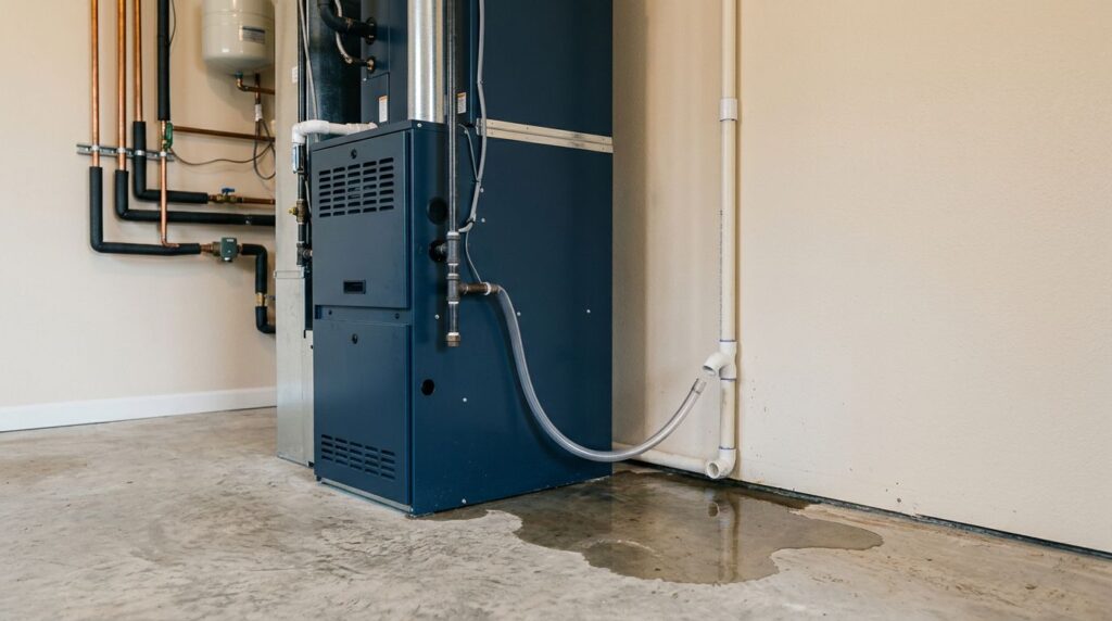 A furnace with water pooling beneath it and a loose drain hose.