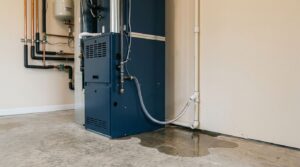 A furnace with water pooling beneath it and a loose drain hose.