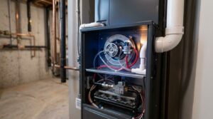 Modern furnace with its pressure switch, tubing, and vent connection visible.