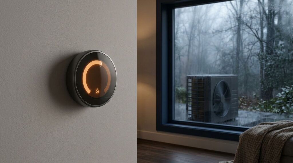 Smart thermostat glowing amber beside a misty window.