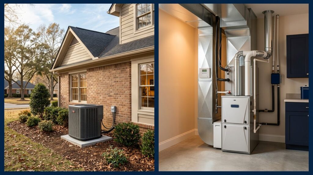 Split image showing a heat pump outside a home and a gas furnace indoors.