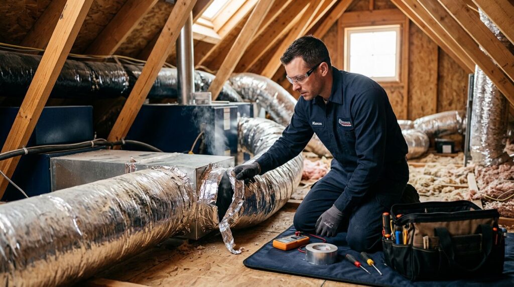 HVAC technician inspecting a leaking duct in a sunlit attic.