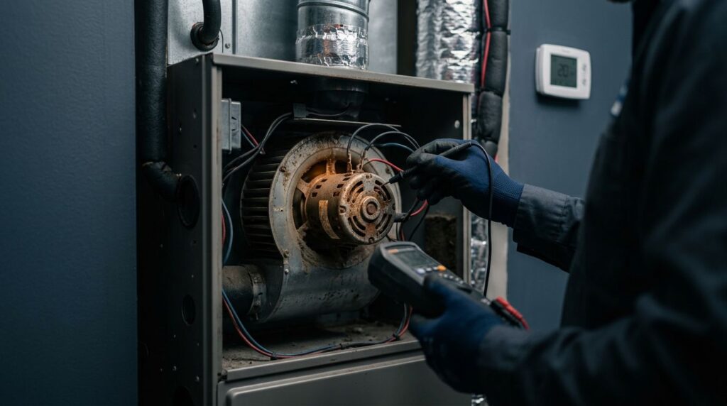 A technician checks a dusty furnace blower motor with a diagnostic meter.