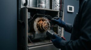 A technician checks a dusty furnace blower motor with a diagnostic meter.