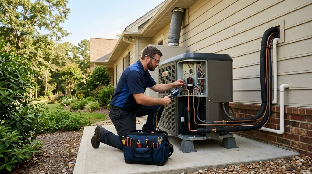 Technician inspecting an outdoor condenser beside a Northport home.