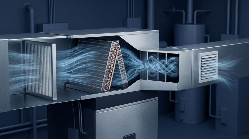 Airflow moves through an HVAC filter, coil, vents, and a narrowed duct.