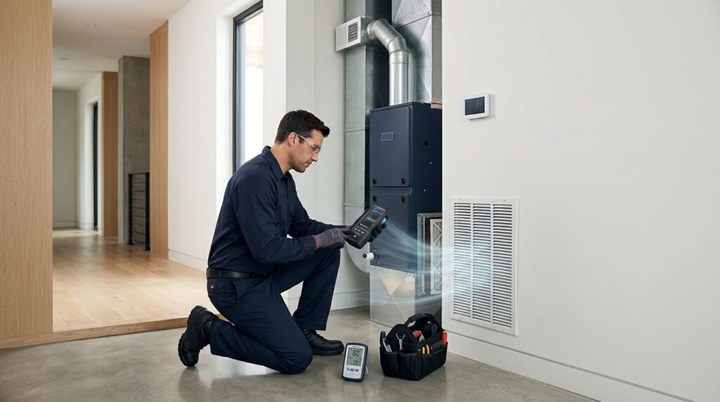 HVAC technician checking air quality beside a home air handler.