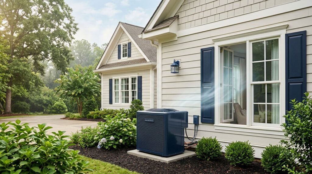 A high-efficiency air conditioner beside a sunny Alabama home with cool air flowing through an open window.