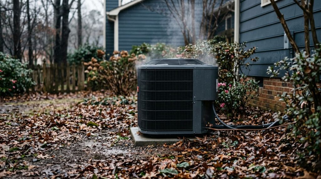 An uncovered outdoor AC unit sits among wet leaves during a mild winter drizzle.