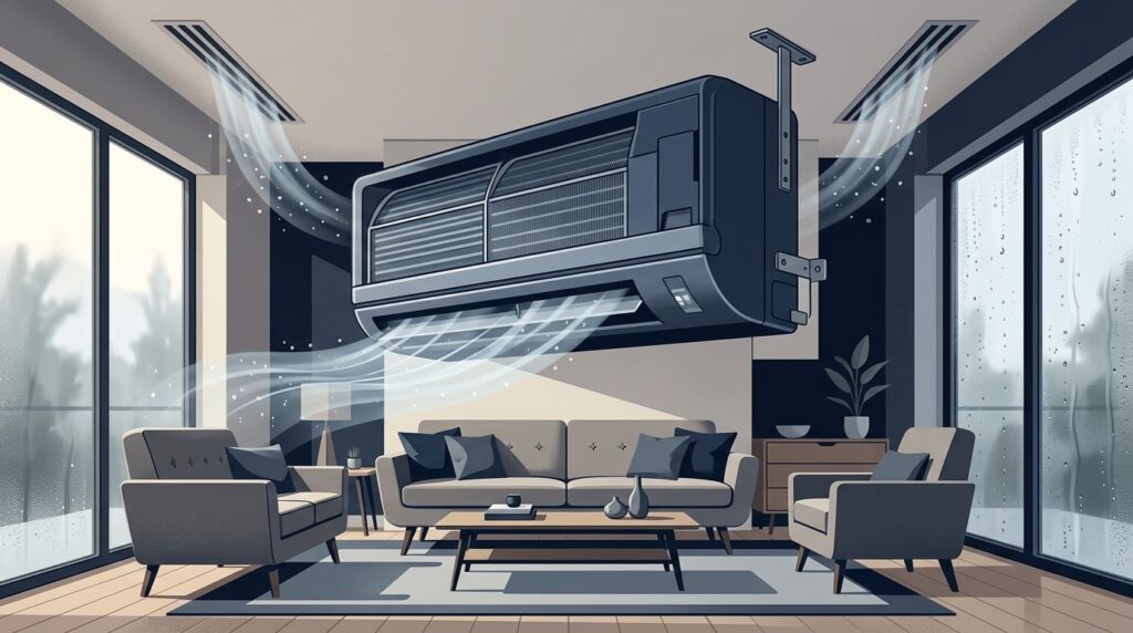 An oversized air conditioner cools a modern room with condensation on the window.