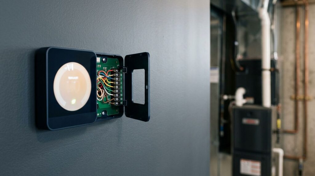 Smart thermostat with its faceplate open, showing organized wiring on a wall.