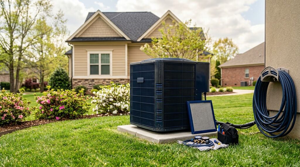 Outdoor AC unit with a hose, air filter, and tools beside a spring lawn.