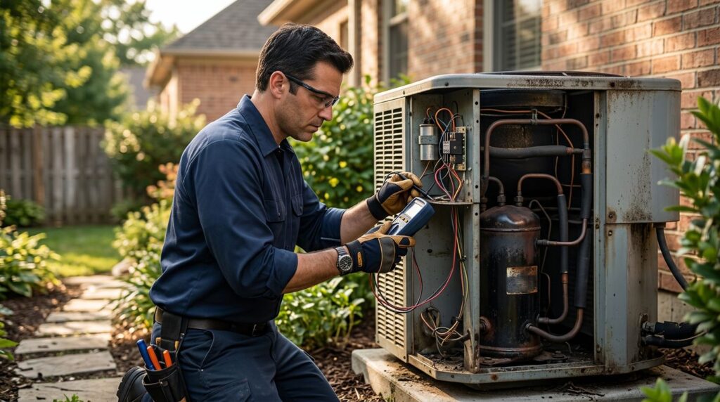 Technician checks an open outdoor AC unit with a multimeter.
