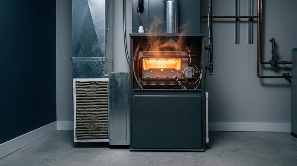Open gas furnace showing glowing components, a limit switch, and a blocked air filter.