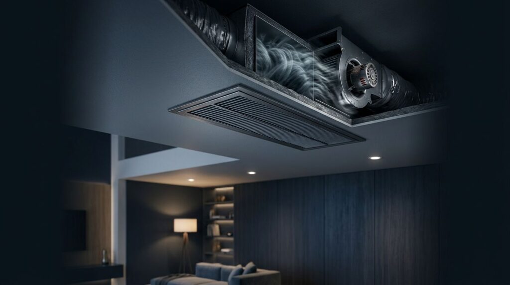 A closed ceiling vent with visible ducts and turbulent airflow.