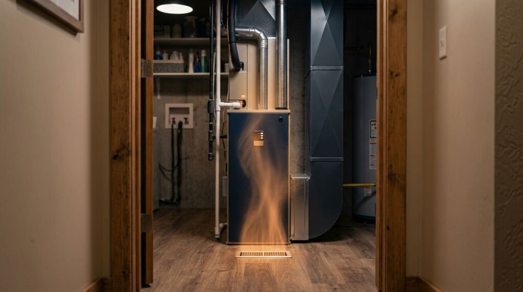 A modern furnace warming a tidy utility room as dust swirls above a floor vent.