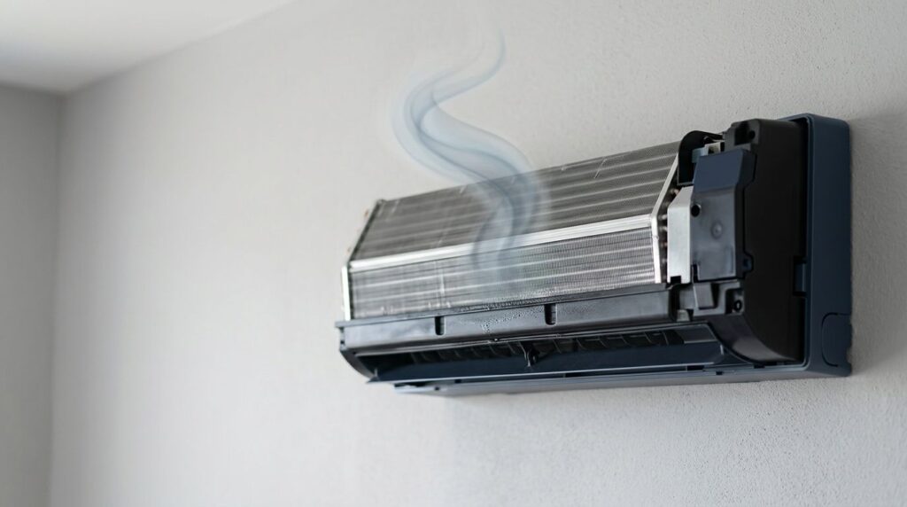 An open air conditioner reveals its coil and damp drain pan beneath a faint odor swirl.