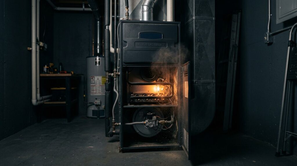 Open gas furnace glowing warmly with dust in a dark utility room.