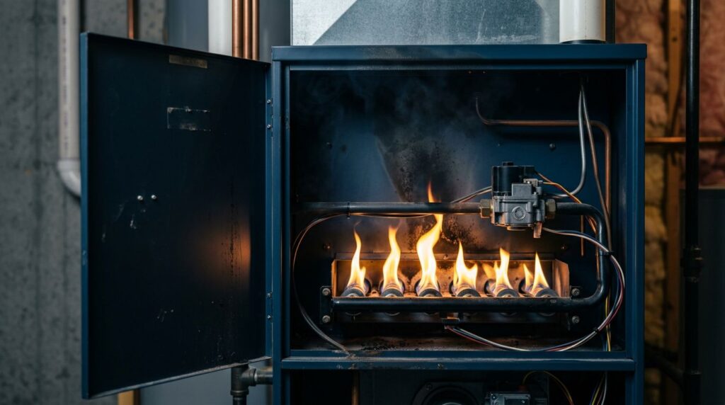 Open gas furnace showing yellow-orange flames and light soot inside the burner compartment.