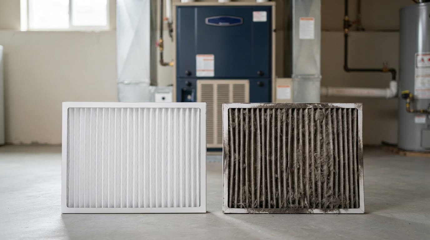 Clean and clogged furnace filters in front of a home heating unit.