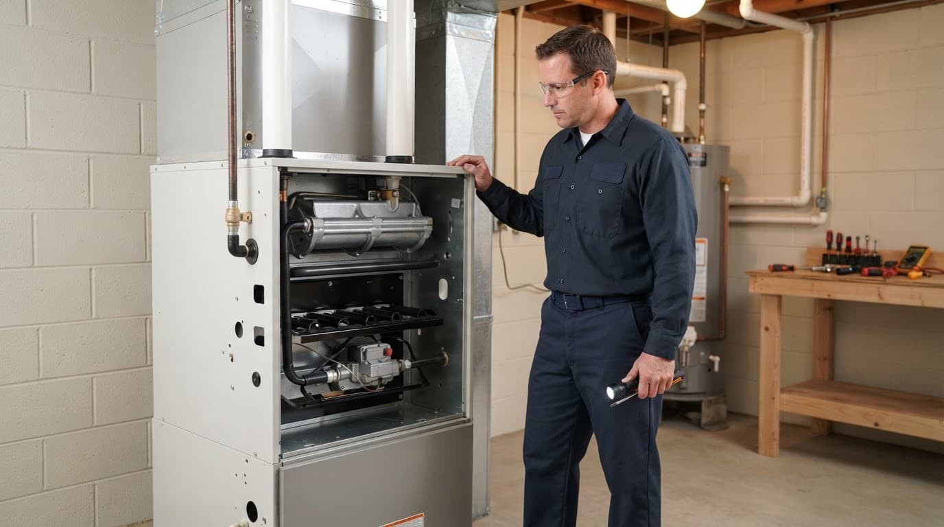A technician inspects the burner assembly inside an open gas furnace.