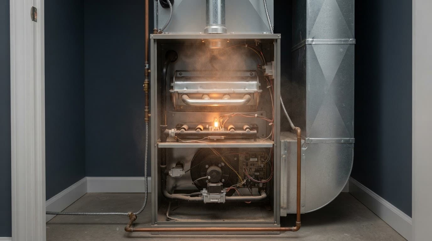 Open home furnace with warm components and a faint dust haze during startup.