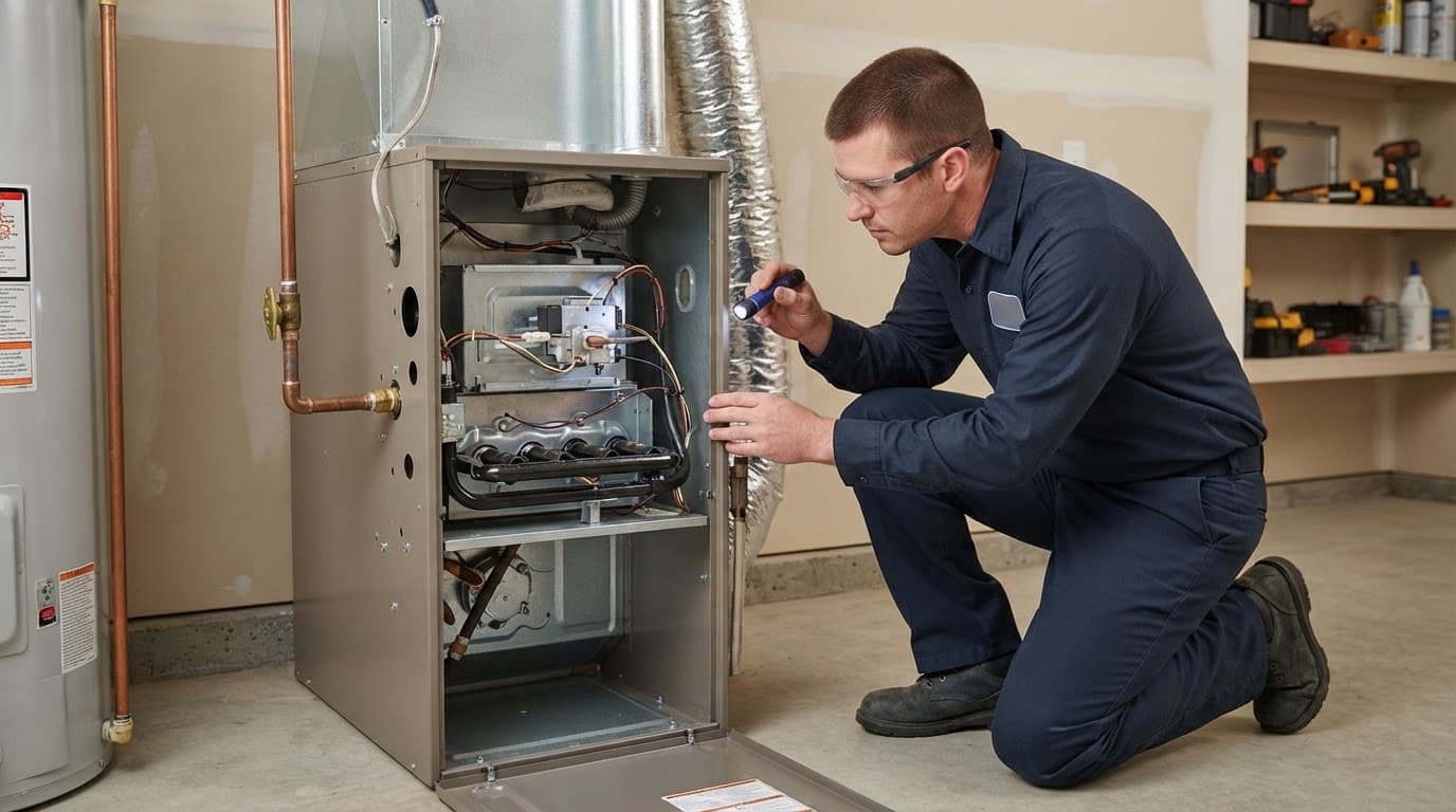 Technician checks a furnace burner and flame sensor with a flashlight.