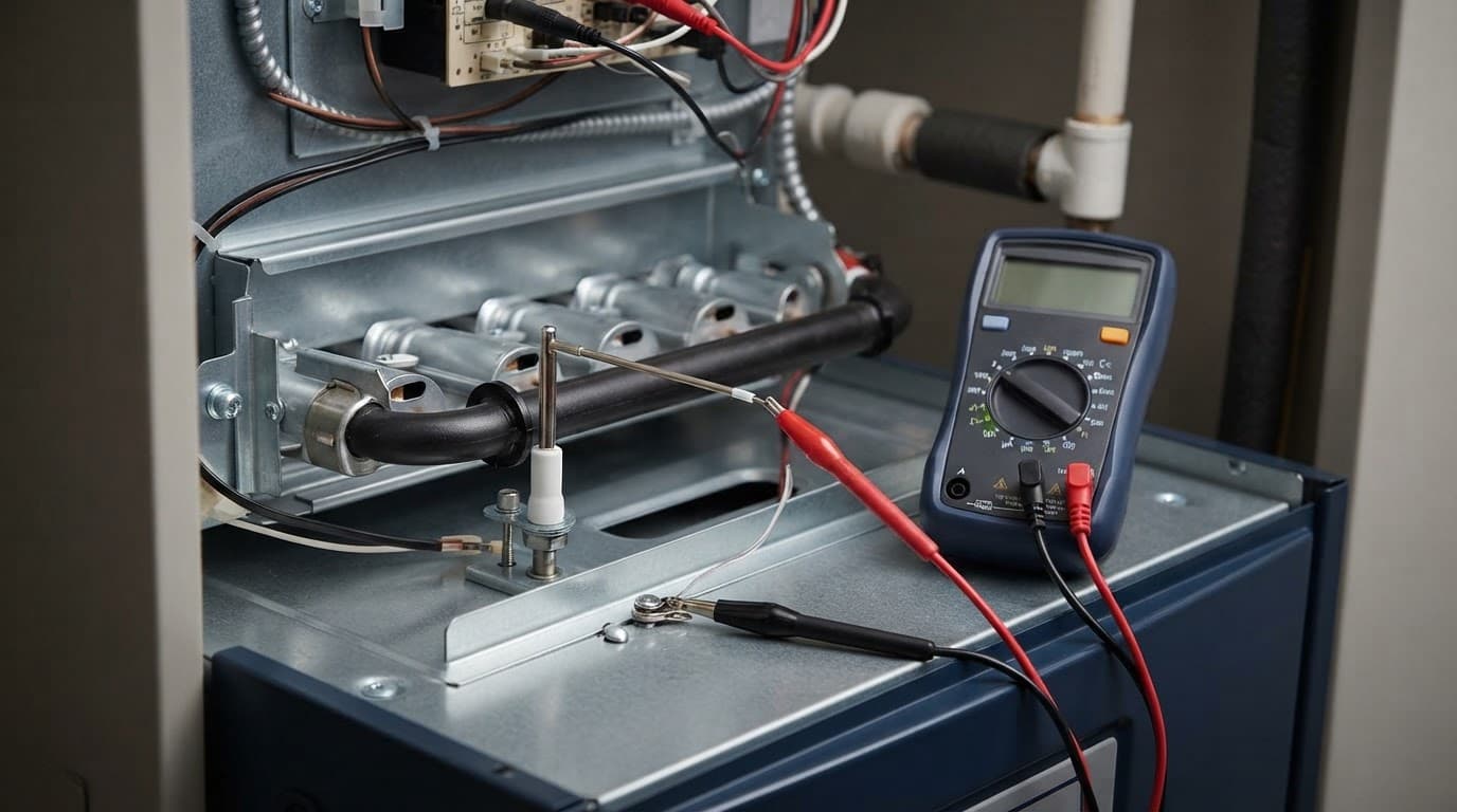 Furnace burner and flame sensor beside a digital multimeter.