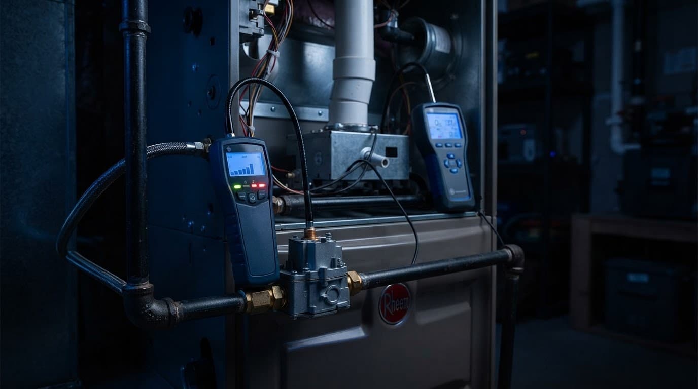 Gas leak detector and testing tools beside a residential furnace.
