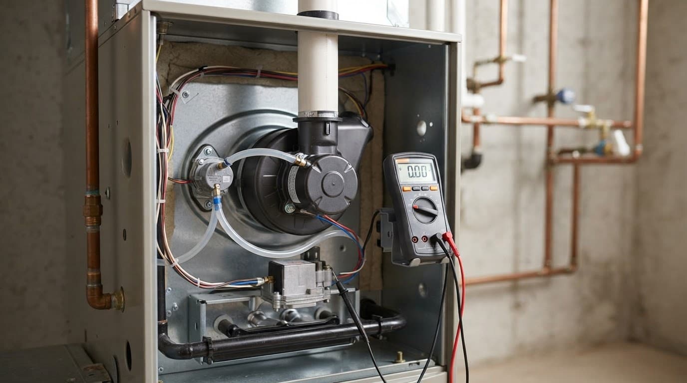 Open furnace showing the inducer motor, tubing, vent pipe, and multimeter.