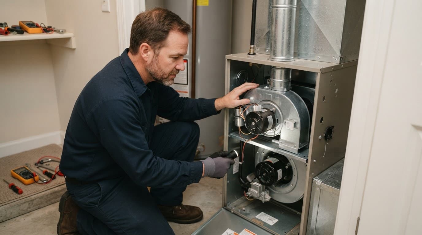 Technician inspecting an open furnace inducer motor and vent assembly.