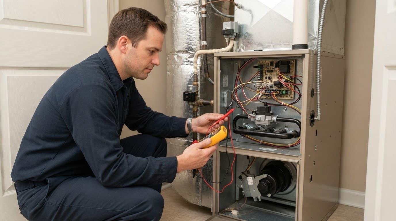 Technician checks an open furnace with a handheld meter.